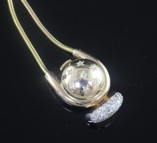 A stylish French Jaeger Le Coultre 18ct gold and diamond set pendant necklace watch, 47cm.